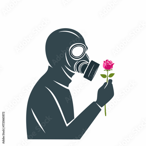 man with gas mask smelling rose