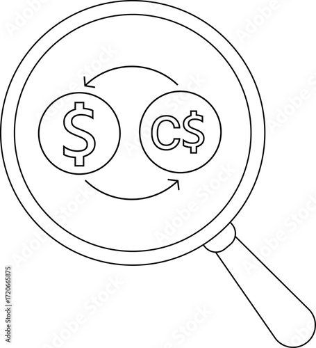 magnifying glass icon and icon to convert US dollar coins to Canadian dollar coins