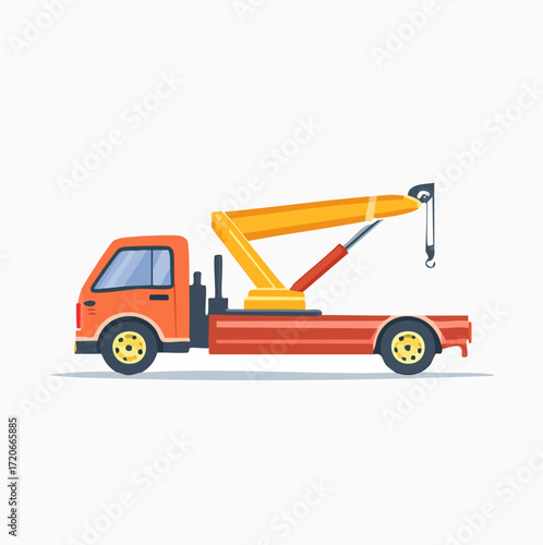 Tow truck vector, flat vector style, vehicle towing another car, clean lines, bold colors, crisp shapes, isolated on white background, modern automotive illustration