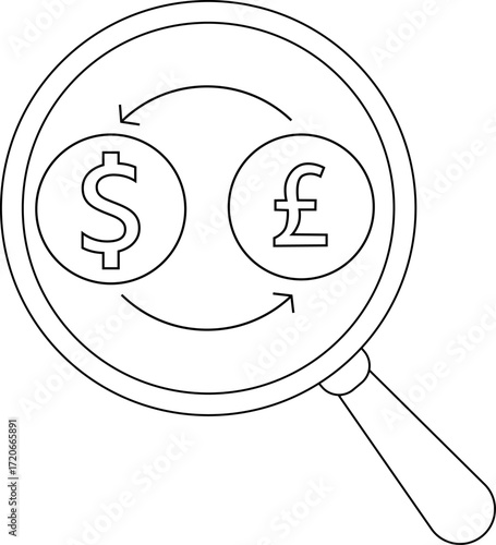 magnifying glass icon and icon to convert US dollar coins to Pound Sterling coins