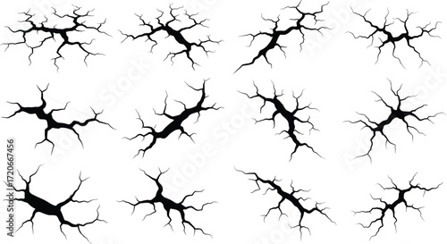 Crack illustration set, fracture pattern design, surface damage texture, radial and jagged break art, black vector graphic, abstract destruction