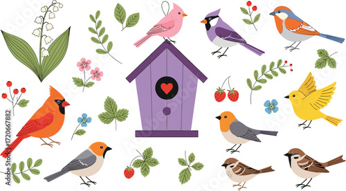 Whimsical bird illustration, colorful nature design, botanical elements with birdhouse, floral and leaf art, vibrant wildlife vector, garden-themed composition