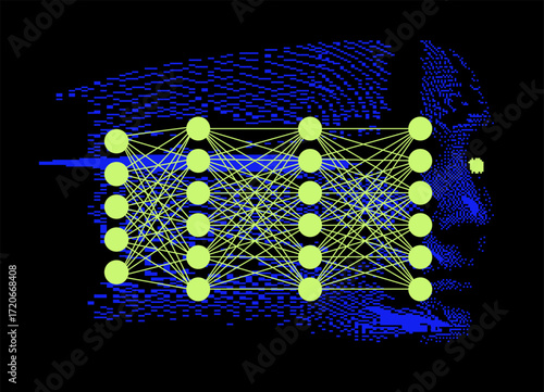 Vector illustration in cyberpunk and tech style. Theme: neural network and AI. Neon green nodes and lines are over pixelated blue human face on black background, combining abstract shapes and digital 