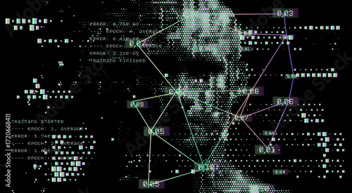 Vector illustration in a cyberpunk and tech style. Theme: neural network and deep learning. Digital human face formed by code, text, grids, and abstract elements.
