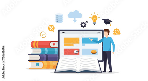 A person pointing at a computer screen with books and icons representing online education and data.