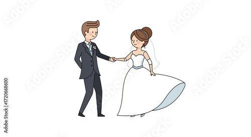 Cartoon illustration of a bride and groom dancing at their wedding.