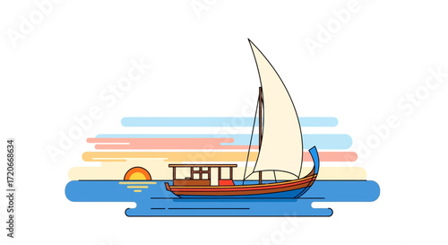 Illustration of a sailboat on the water with a sunset in the background.