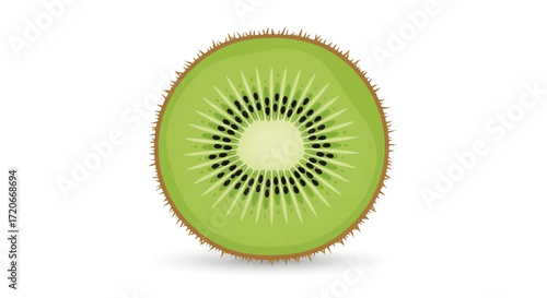 A vibrant cross-section of a kiwi fruit, showcasing its bright green pulp, central white core, and tiny black seeds, surrounded by its characteristic fuzzy brown skin.