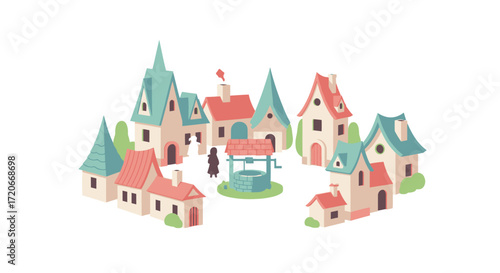 Illustration of a small village with houses and a well.
