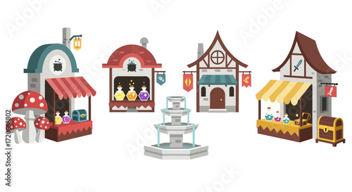 A whimsical illustration of a medieval town square featuring various shops and a fountain.