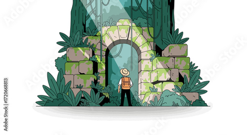 An explorer stands before a moss-covered stone archway overgrown with jungle vines, bathed in a beam of sunlight.