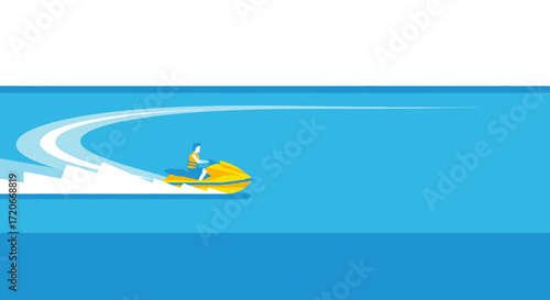 A stylized illustration of a person riding a yellow jet ski on blue water, leaving a white wake as it turns.
