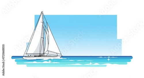 Illustration of a sailboat sailing on the ocean with a blue sky background.