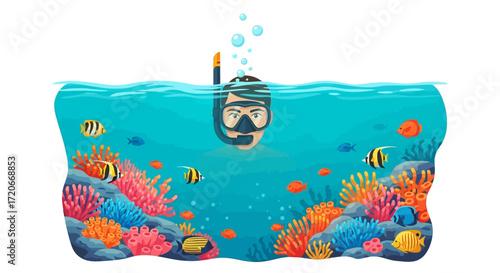 Illustration of a person snorkeling in the ocean surrounded by coral and fish.