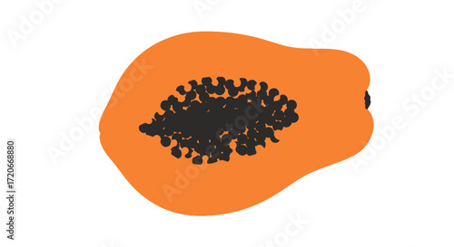 Simple illustration of a halved papaya fruit with its characteristic orange flesh and black seeds visible.