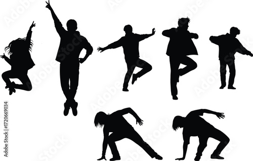 Dance silhouettes, people dancing, street style moves, contemporary dance, energetic motion, artistic expression, jumping pose, rhythm movement, performance art, body language illustration
