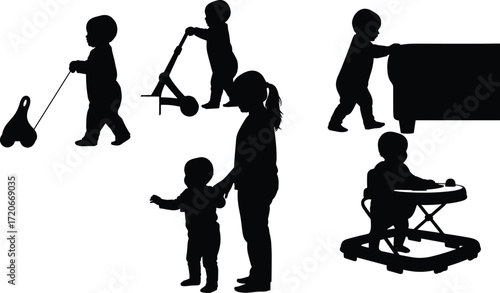 Children silhouettes playing, toddler development stages, child mobility, baby walker, tricycle riding, parenting support, early learning, childhood growth, toy interaction, family care