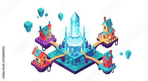 Fantasy illustration of floating islands connected to a central crystal structure with houses.