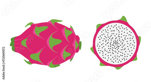 Vibrant illustration of a whole pink dragon fruit and its white, speckled cross-section, showcasing the exotic fruit's interior and exterior.