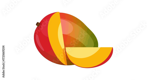 A vibrant mango cut into sections, showcasing its juicy flesh and colors.