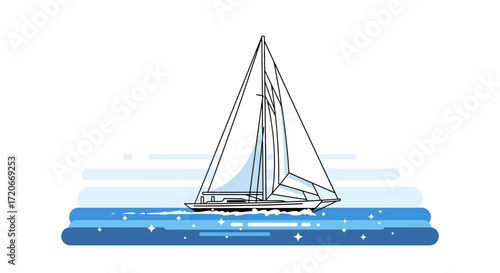 A sleek white sailboat with full sails glides gracefully across a sparkling blue ocean under a clear sky.