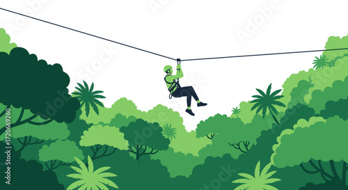 An illustration of a person zip-lining high above a dense green jungle canopy, enjoying an outdoor adventure.