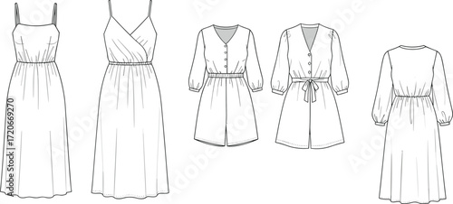 Women dress design, sleeveless and long sleeve styles, fashion garment sketch, stylish clothing template, CAD drawing flat vector illustration for apparel