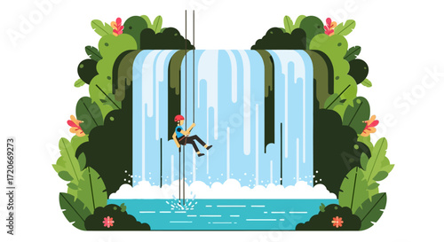 Illustration of a person rappelling down a waterfall surrounded by lush green foliage and flowers.