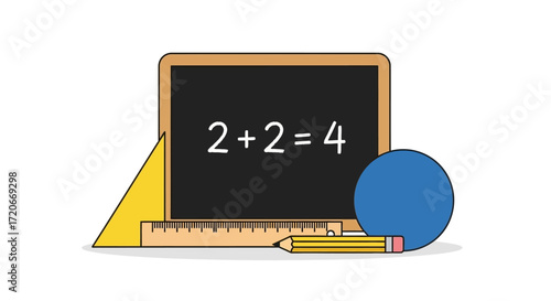 Illustration of a chalkboard with a math equation, along with school supplies.