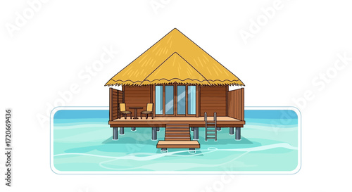 An illustration of a tropical overwater bungalow with a thatched roof, built on stilts above clear turquoise water, representing a luxury vacation.