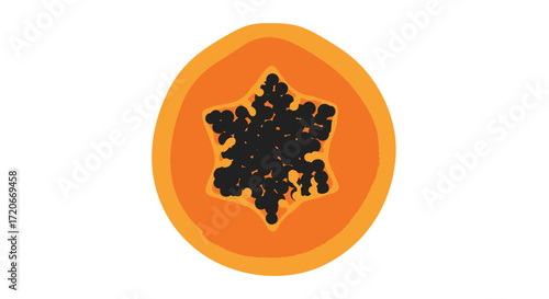 Flat illustration of a cross-section of a ripe papaya fruit with black seeds arranged in a star shape on a white background.