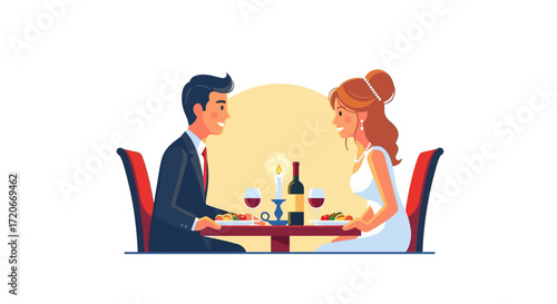 A romantic dinner scene featuring a man and woman enjoying a meal together at a table.