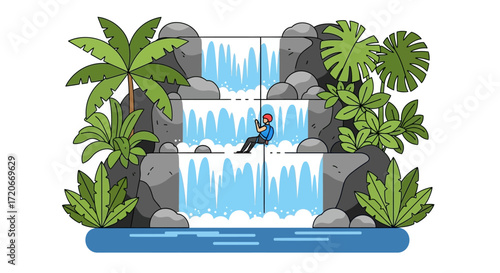 An illustration of a person rappelling down a multi-tiered waterfall surrounded by lush tropical plants and rocks in a vibrant natural landscape.