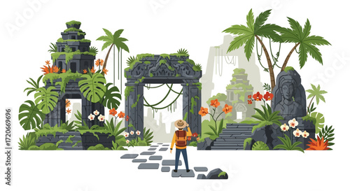 Illustration of a person standing in front of ancient ruins covered in lush vegetation.