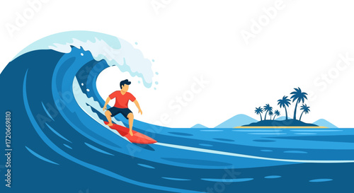 A person surfing on a large blue ocean wave with an island and palm trees in the background under a clear sky.