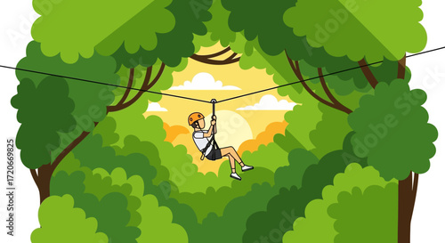 Person ziplining through a forest with a bright sun in the background.