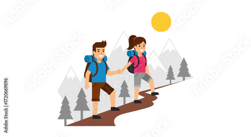 Cartoon illustration of a couple hiking in the mountains on a sunny day.
