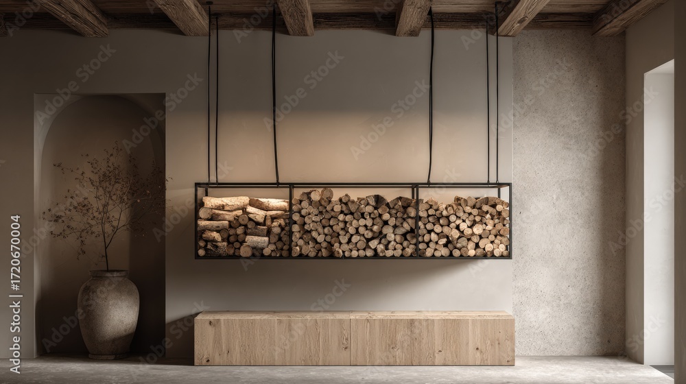 Fototapeta premium Minimalist Fireplace with Hanging Iron Wood Storage in Beige-Gray Interior