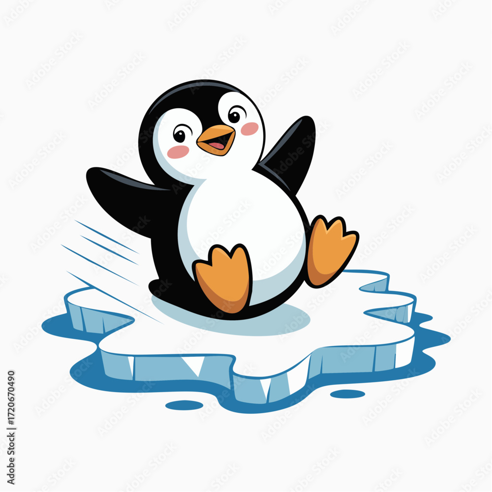 Fototapeta premium Cartoon Penguin Sliding on Iceberg with Joyful Expression and Motion Lines.