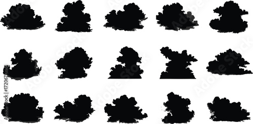 Cloud silhouette set, black cloud shapes, vector cloud icons, weather elements, sky design, cartoon clouds, stormy clouds, graphic design, nature illustration, simple cloud outlines