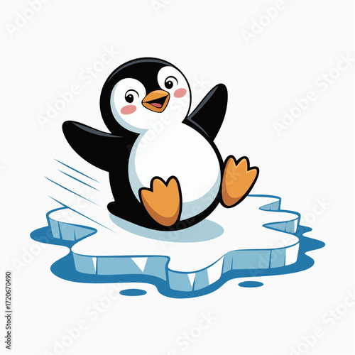 Cartoon Penguin Sliding on Iceberg with Joyful Expression and Motion Lines.