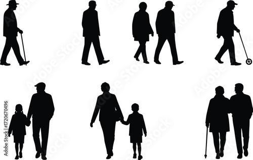 Silhouette people walking, family holding hands, elderly with cane, life stages illustration, companionship support, mobility aid, generational bond, human connection