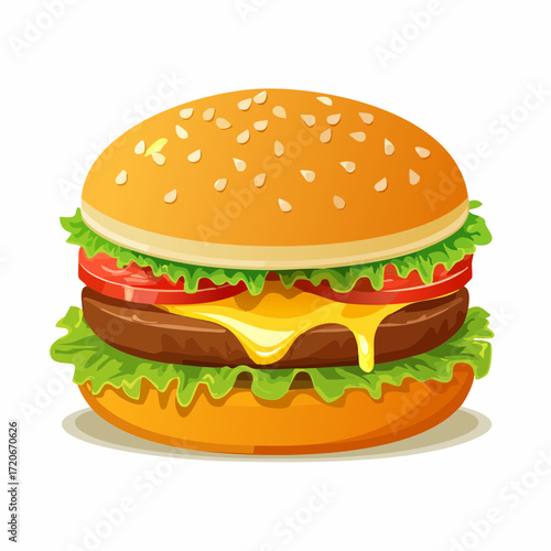 CartoonStyle Burger with Dripping Cheese Lettuce Tomato and Sesame Seed Bun.