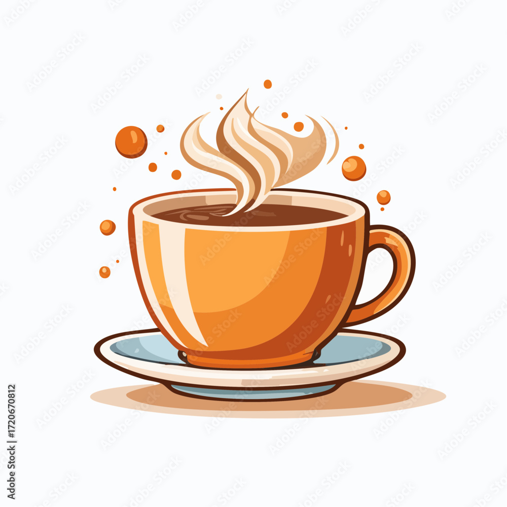 Obraz premium Steaming Coffee Cup with Creamy Swirls and Floating Bubbles on a Saucer.