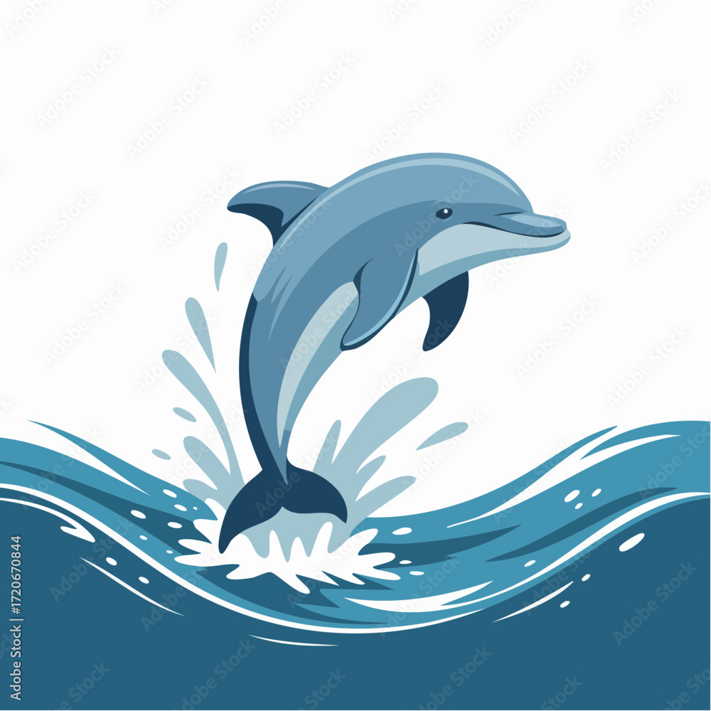 Fototapeta premium Stylized Dolphin Leaping from Blue Waves with Splashing Water Illustration.