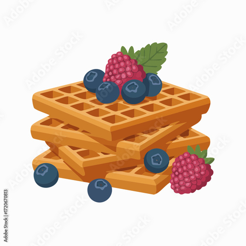 Stacked waffles with blueberries raspberries and mint leaf a sweet breakfast treat.