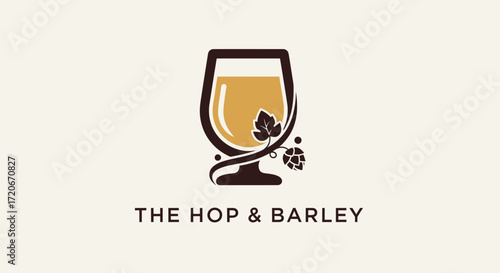 Logo design for a brewery or pub, featuring a glass of beer with hops and barley.