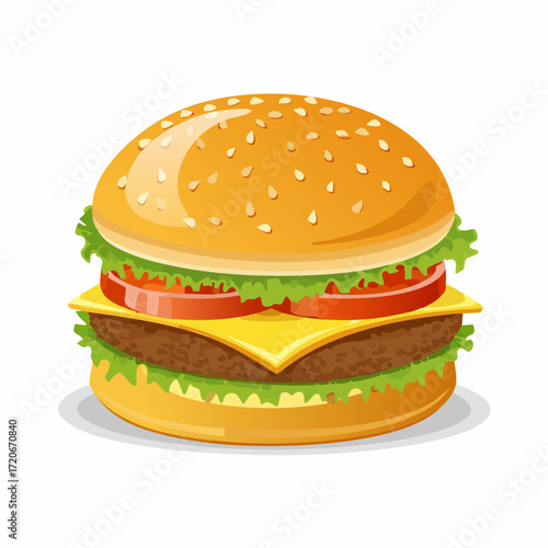 Stylized Burger Illustration with Sesame Seed Bun Lettuce Cheese Tomato and Beef Patty.