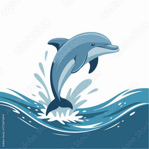 Stylized Dolphin Leaping from Blue Waves with Splashing Water Illustration.