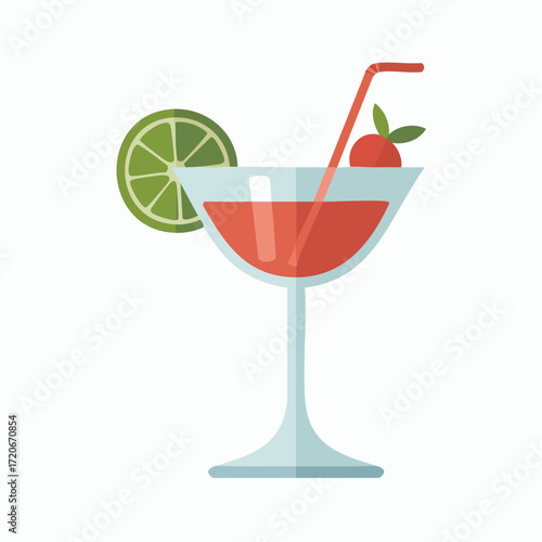 Stylized Red Cocktail with Lime Slice Straw and Berry Garnish Illustration.